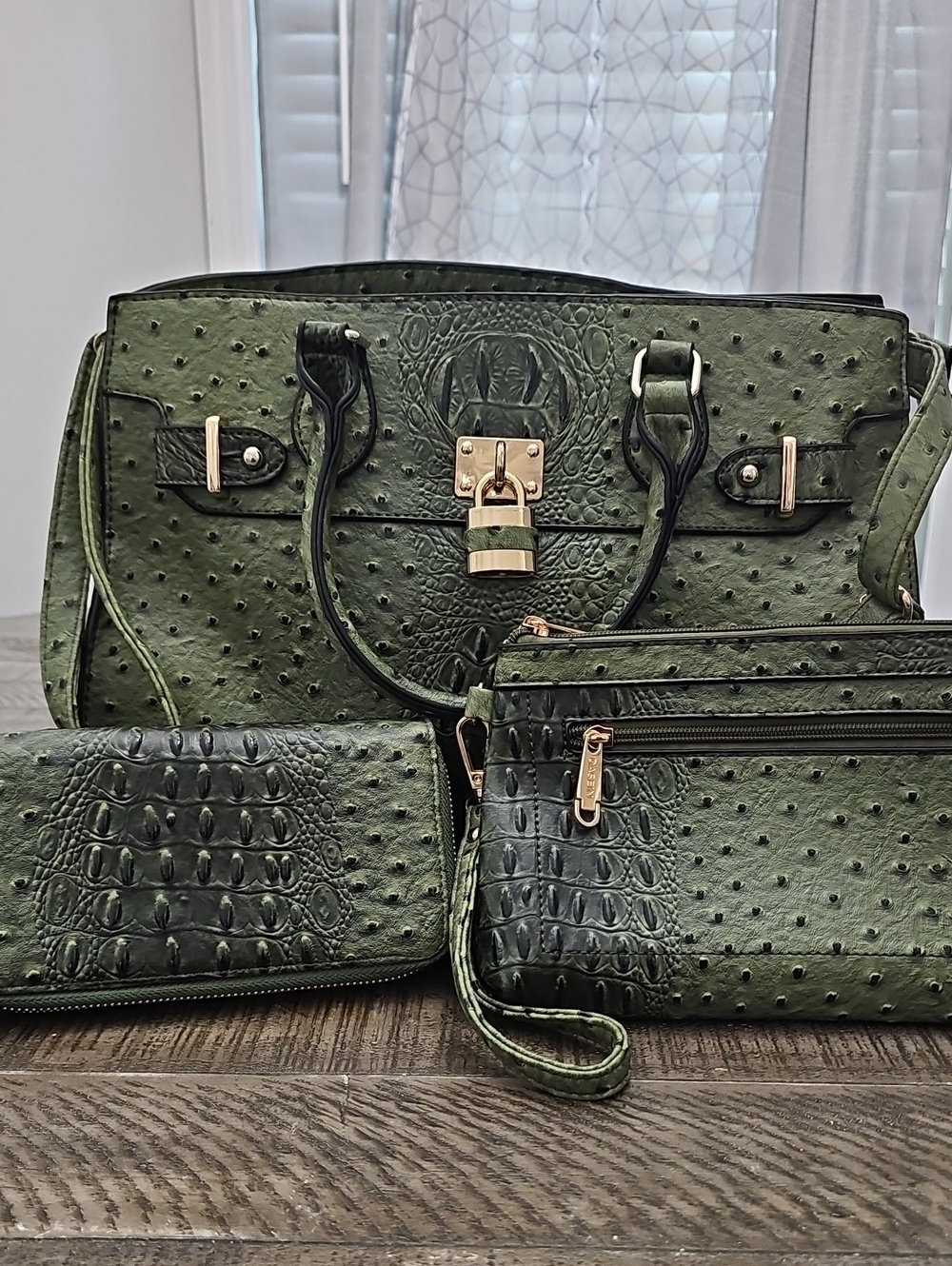 Olive Green Faux-Ostrich Satchel Set with Gold Hardware